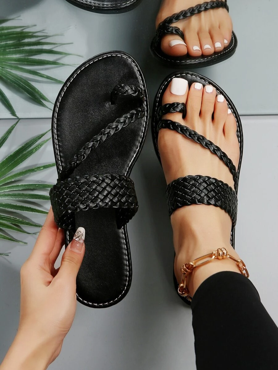 Women Braided Detail Thong Sandals, Vacation Summer Flat Sandals