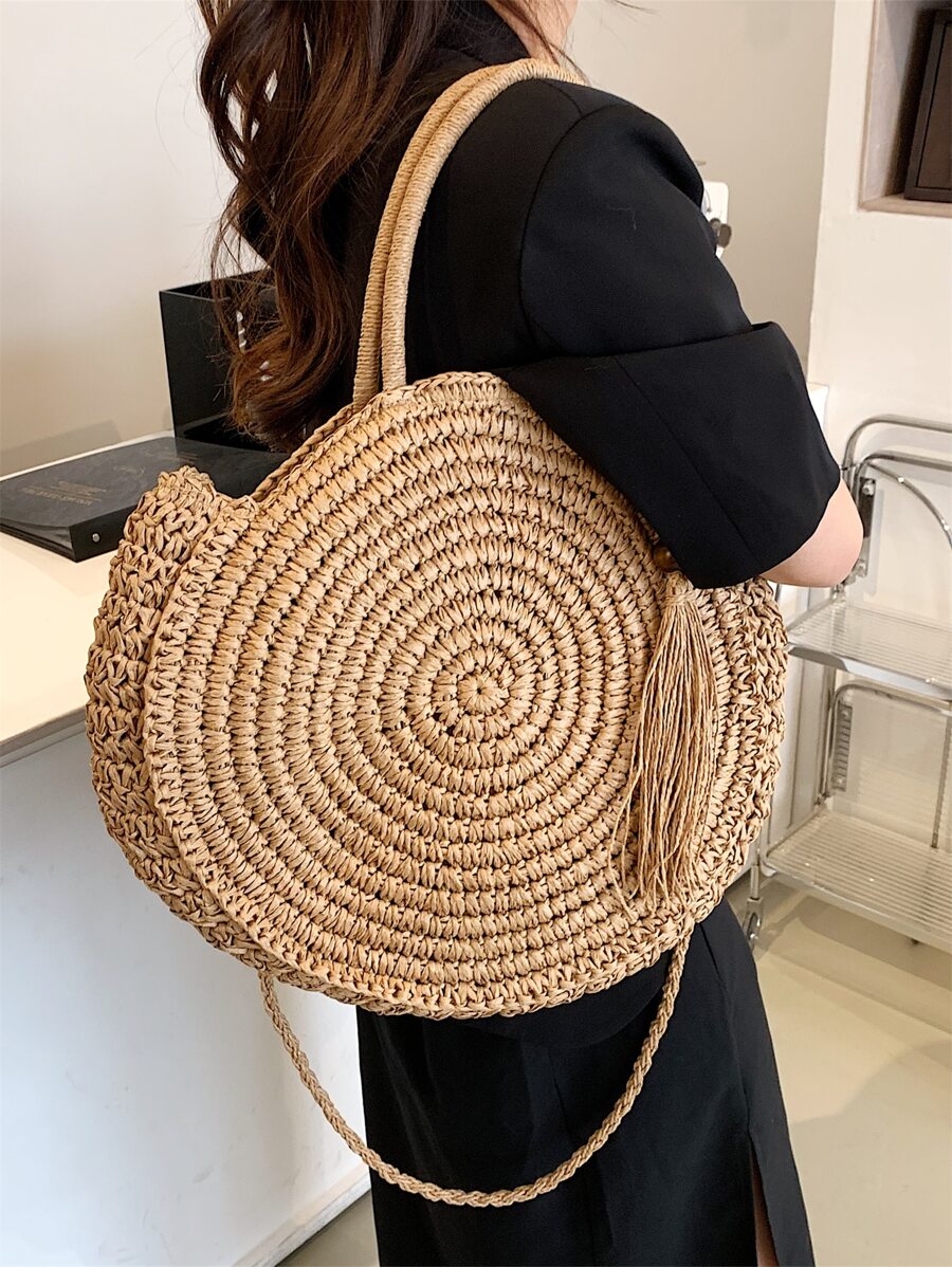 Nieuwe collectie zomerstrand geweven rotan tasriemaccessoire met kwastversiering, zomerbenodigdheden, perfect voor vakantie en vakantie