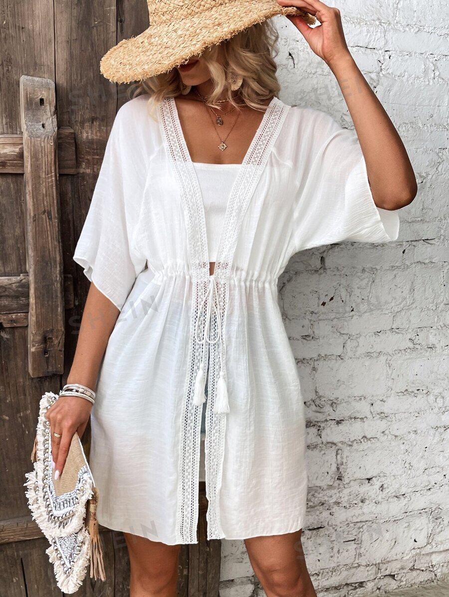 SHEIN Swim Kimono cu mâneci raglan din dantelă în contrast în talie