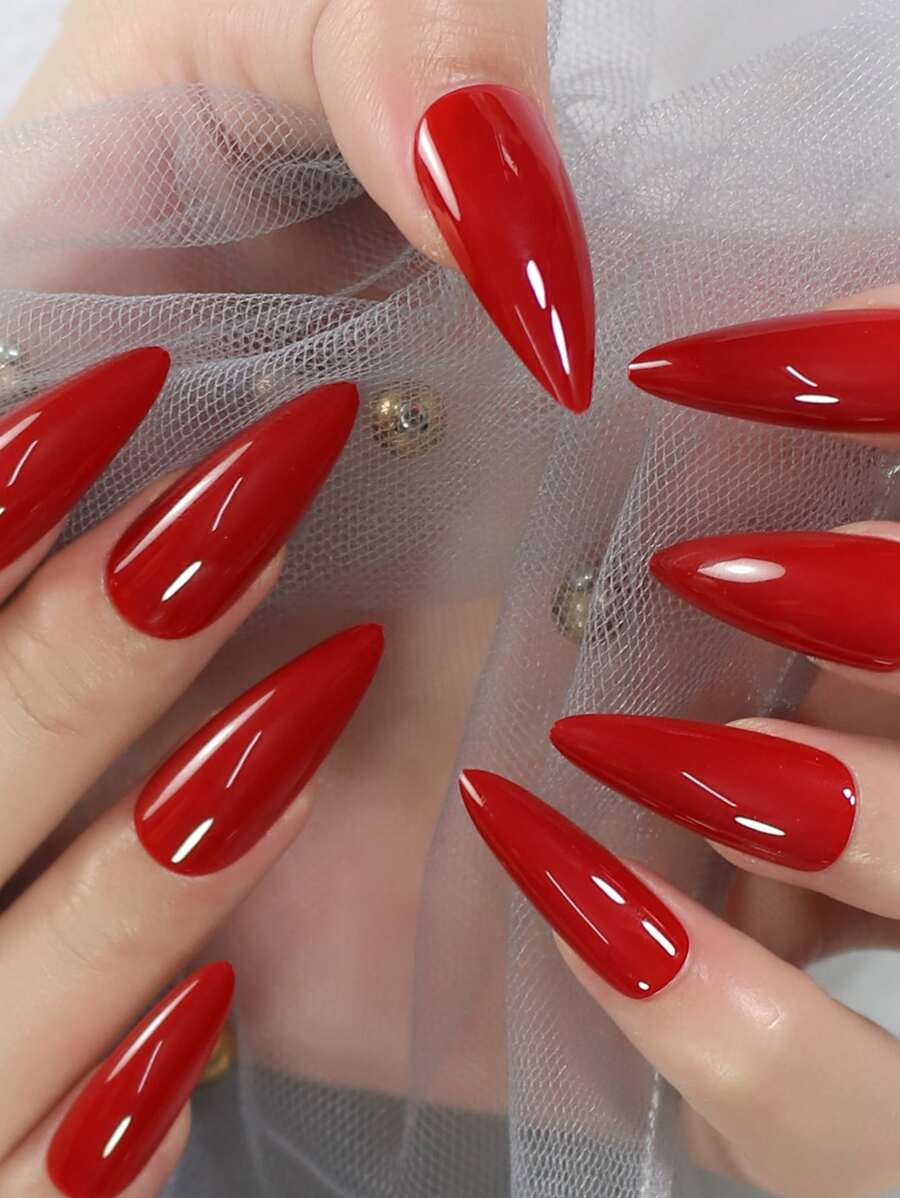 Instantly Upgrade Your Look With 24pcs Long Stiletto Red Solid Glossy Fake Nail & 1sheet Tape & 1pc Nail File & 1pc Stick Press On Nails Nail Supplies
