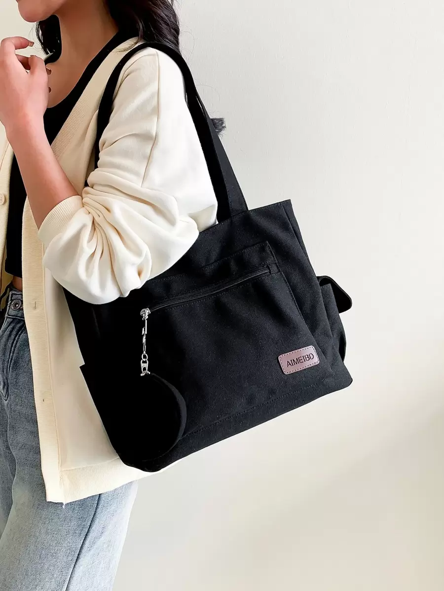 Bolso de compras con parche de letra y monedero Bolso escolar para graduados, adolescentes, estudiantes de primer año, segundo año, tercer año y cuarto año de universidad, escuela secundaria y universidad, perfecto para exteriores, viajes y regreso a la escuela. Bolso escolar, gran capacidad, clásico casual, portátil, adecuado para adolescentes, mujeres y estudiantes universitarios, perfecto para volver a la escuela, compras, escuela secundaria, universidad