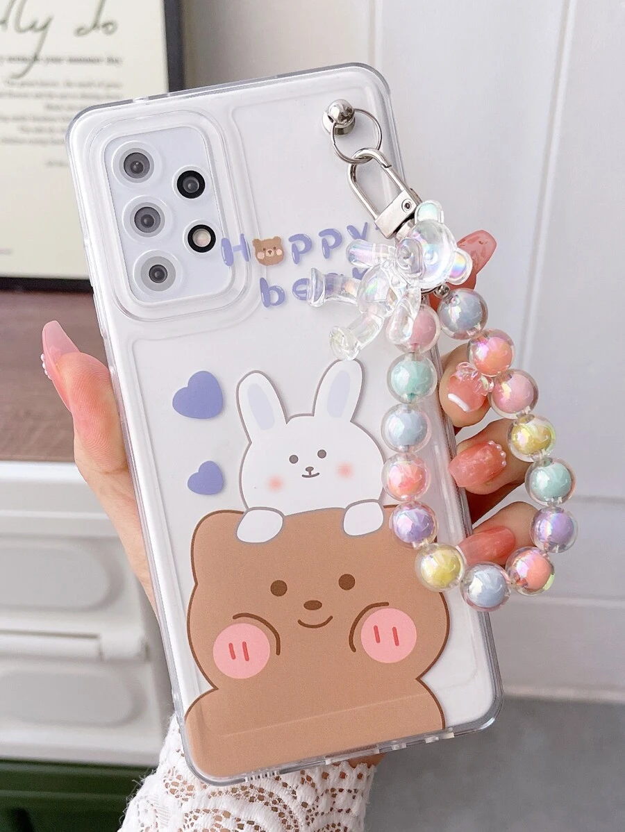 Bear Cartoon Rabbit Print Clear Phone Case With Lanyard Compatible With IPhone15/15Plus/15Pro/15Promax