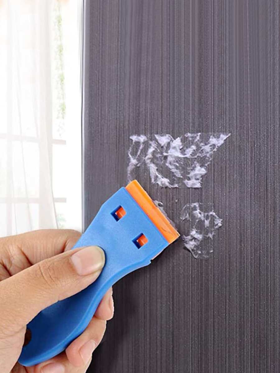 1 pieza Raspador de limpieza y 6 piezas de cuchillas de plástico, mini raspador azul para eliminar adhesivos, para el hogar, la cocina, el baño, utensilios del hogar