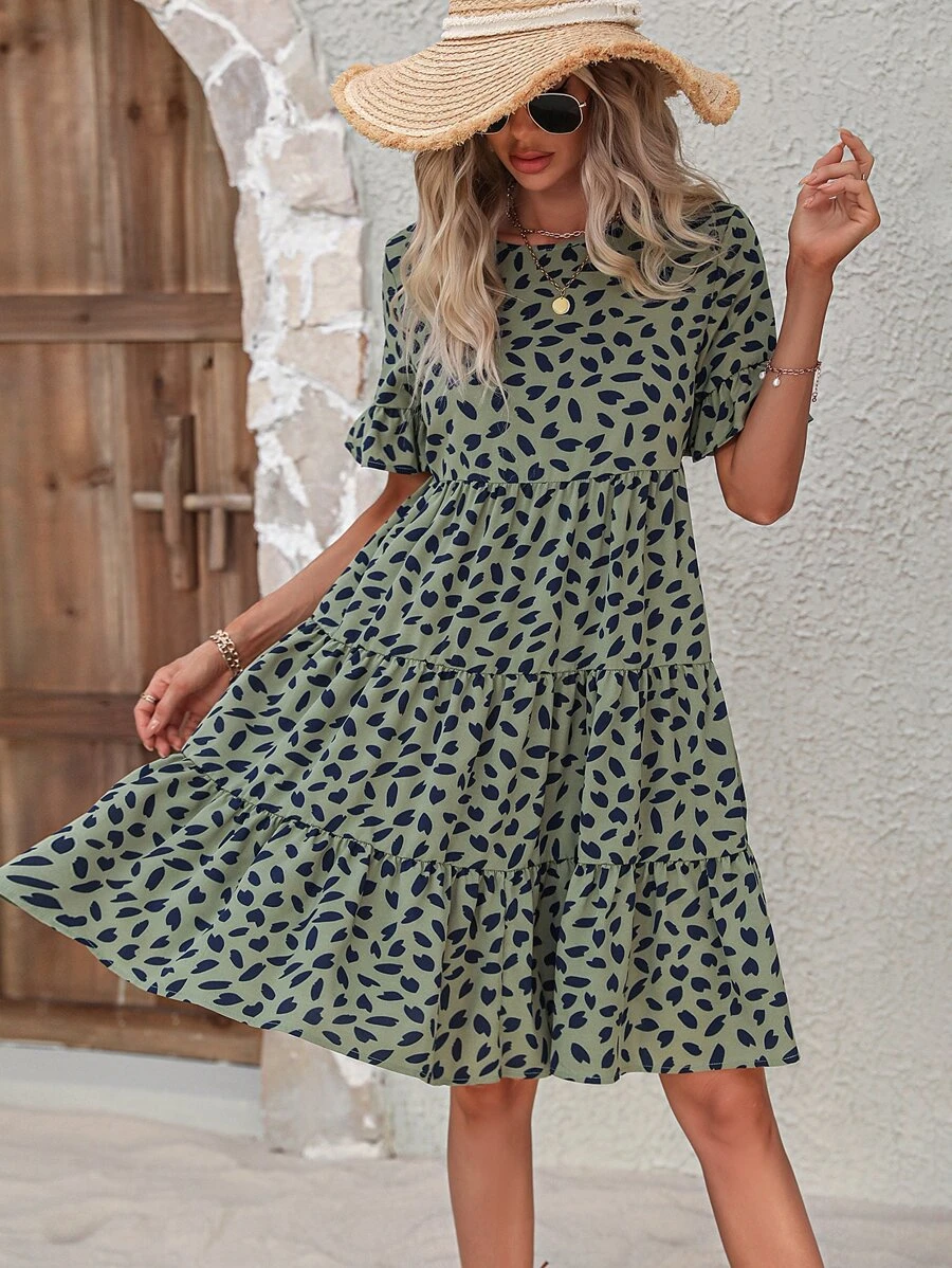 Breezaya Allover Print Flounce Sleeve Ruffle Hem Smock Dress Vacation Beach Outfits Women