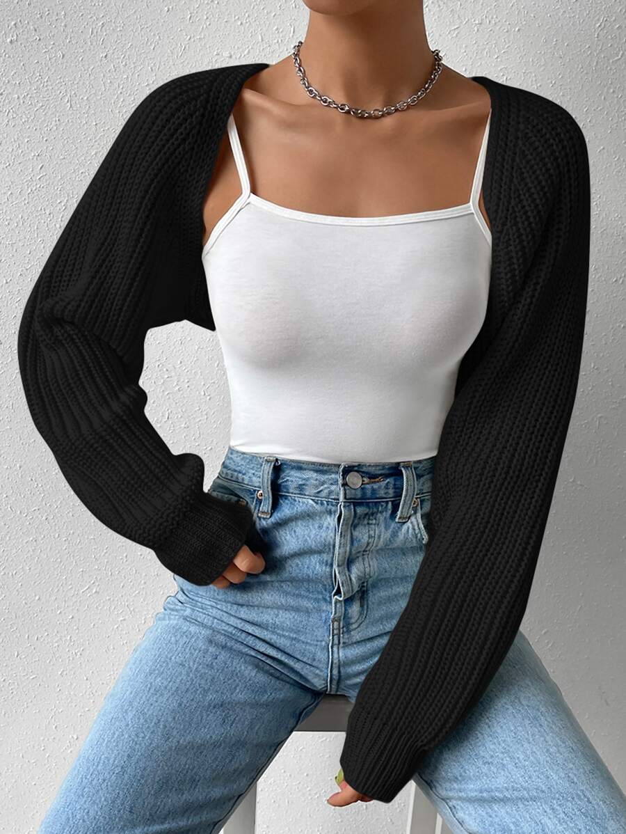 SHEIN EZwear Women's Black Casual 1pc Ribbed Knit Batwing Sleeve Shrug Cardigan,Long Sleeve Tops
