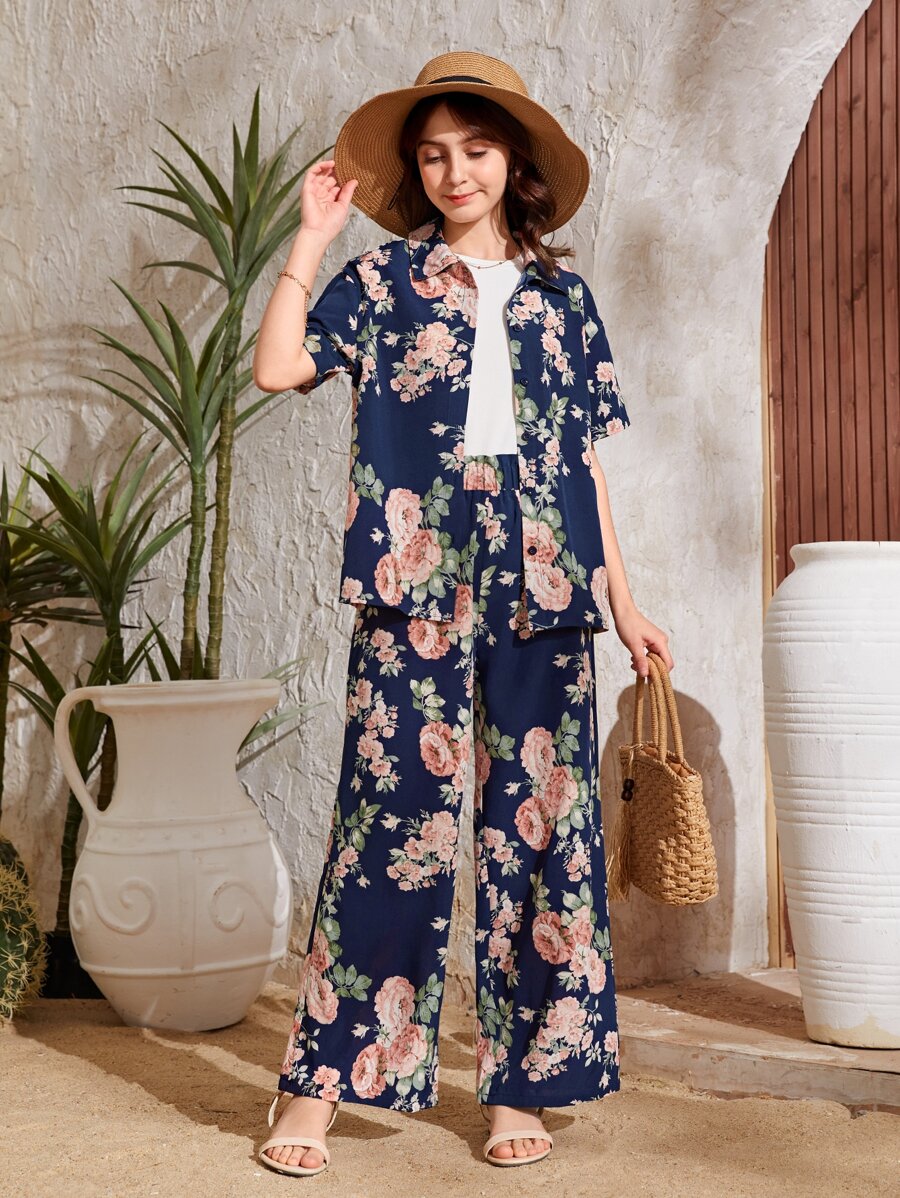 SHEIN Teen Girls Floral Print Shirt & Wide Leg Pants & Tee