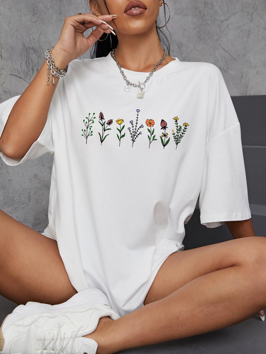 INAWLY Planten Print Drop Schouder Tee Grafische Tees Dames Tops