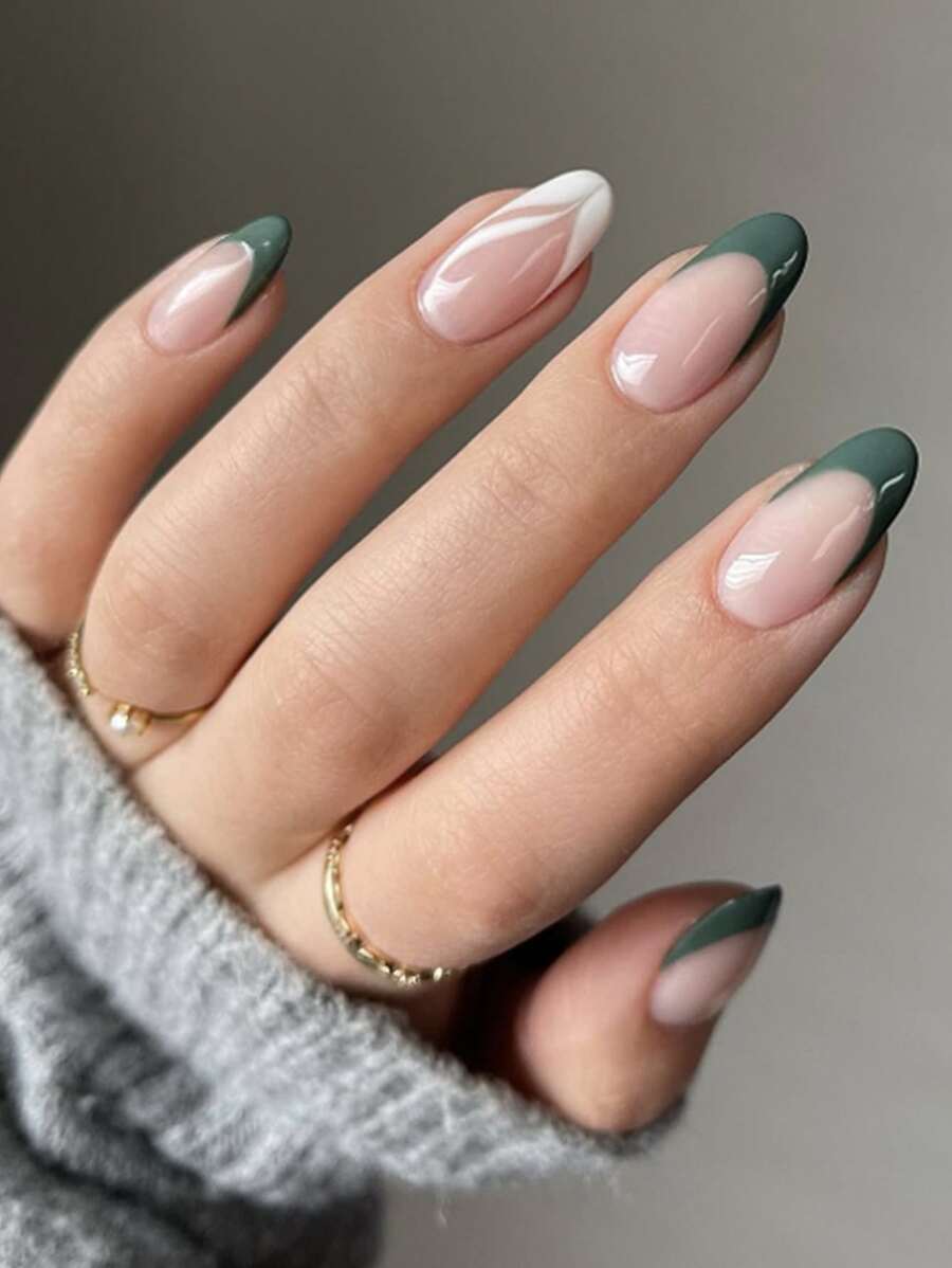 Elevate Your Style With 24pcs Long Almond Green French Color Block Fake Nail & 1sheet Tape & 1pc Nail File Press On Nails Nail Supplies