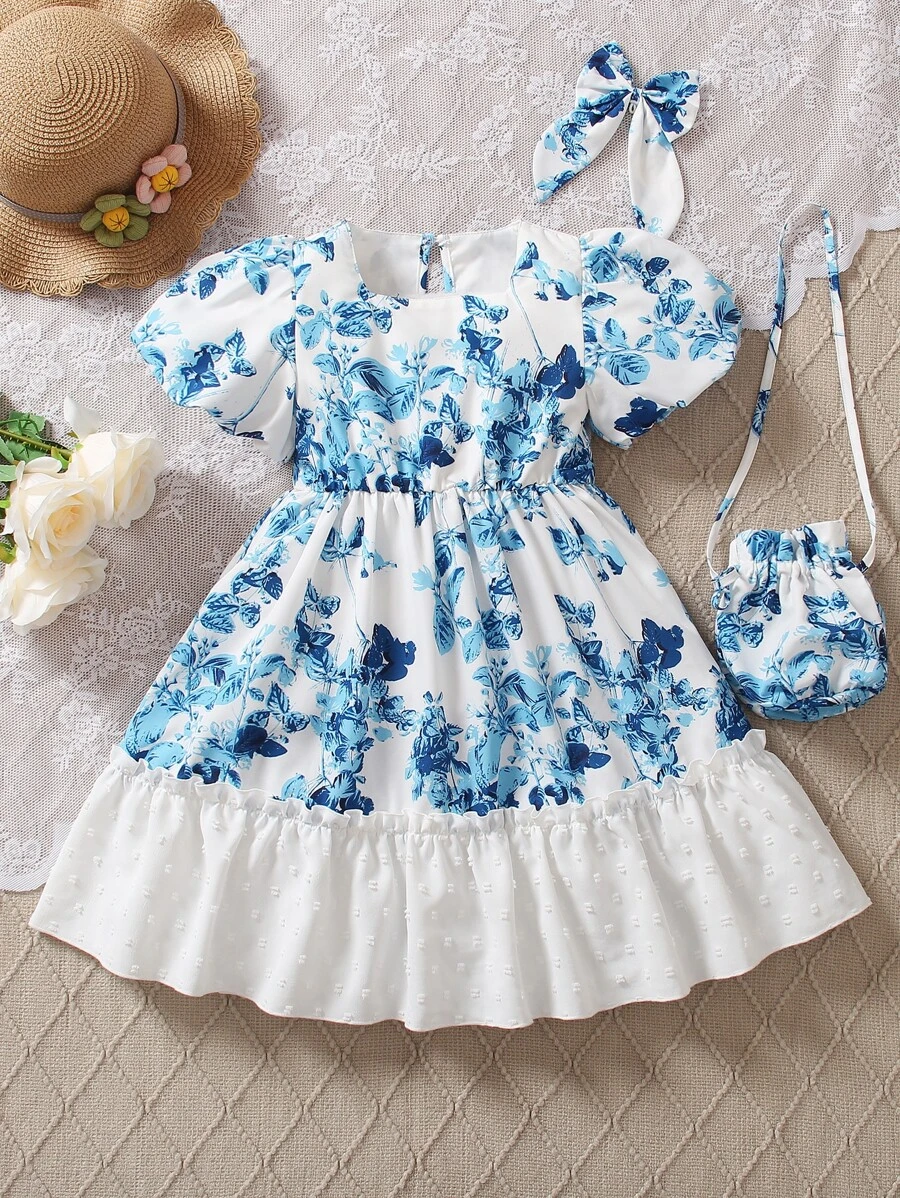 SHEIN Young Girl Floral Print Ruffle Hem Dress With Bag