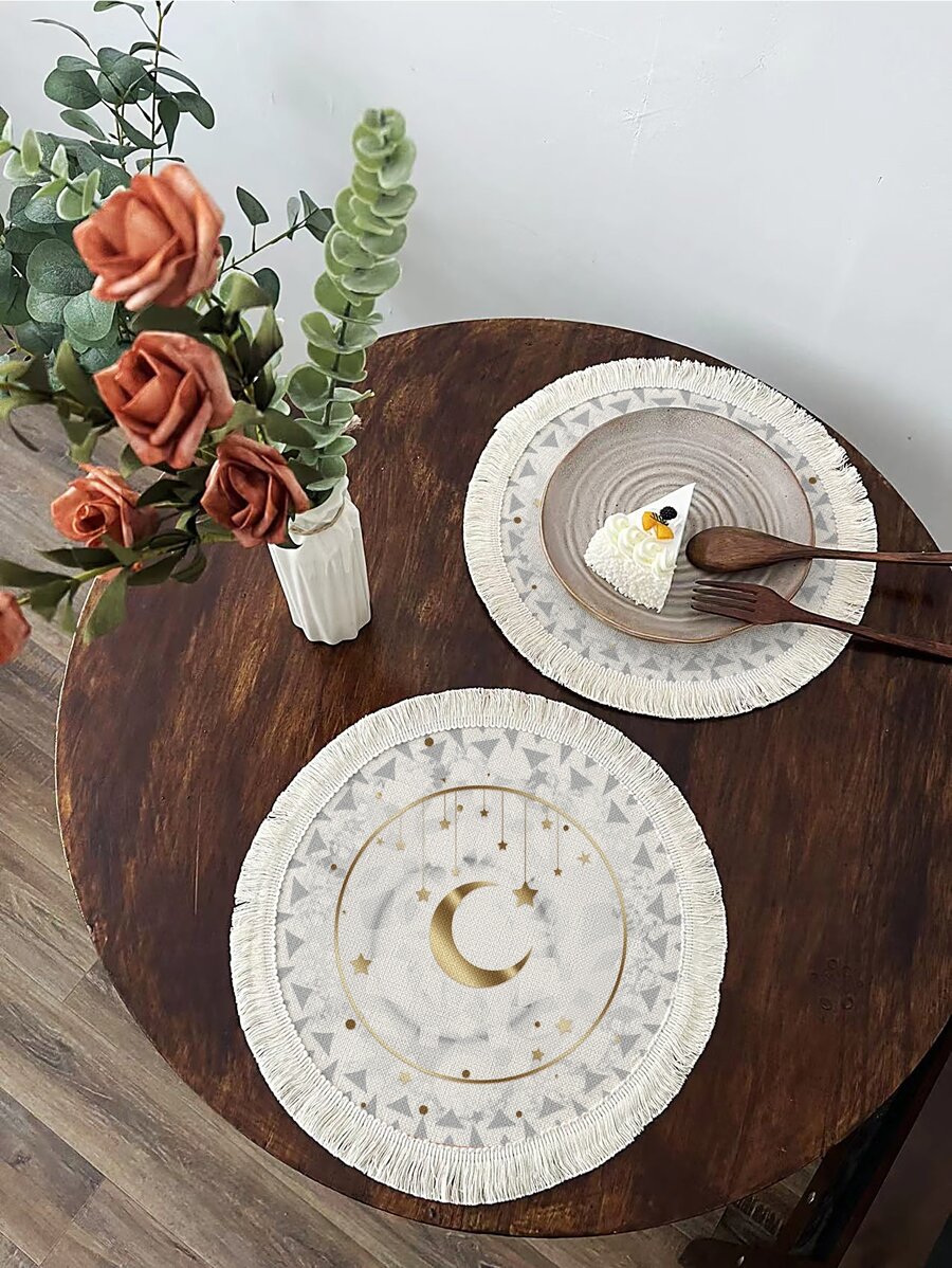 1 pieza Mantel individual con patrón de luna y estrella moderno poliéster con diseño de fleco para casa