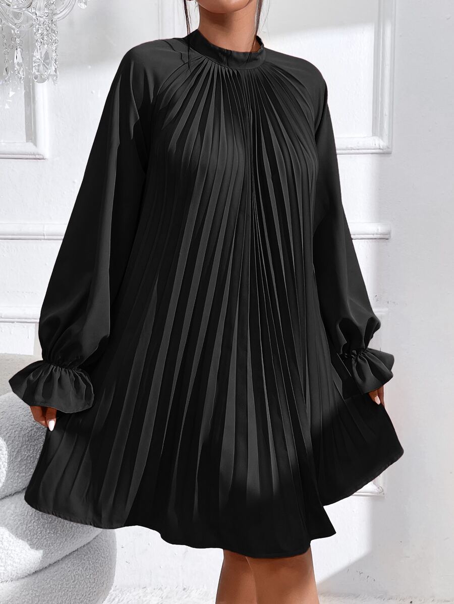 SHEIN Privé Flounce Sleeve Pleated Detail Mock Neck Pleated Dress