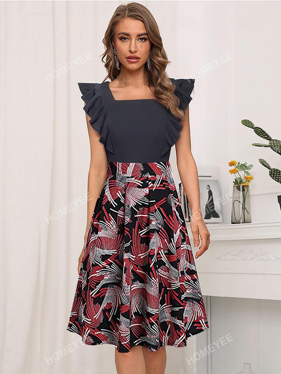 Graphic Print Ruffle Trim Square Neck Dress