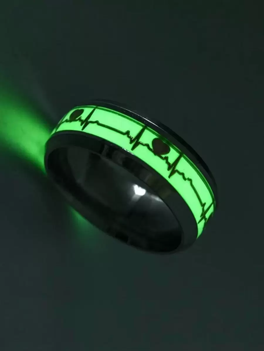 1 pieza Anillo individual con patrón de latidos del corazón que brillan en la oscuridad de acero inoxidable para hombres para decoración diaria