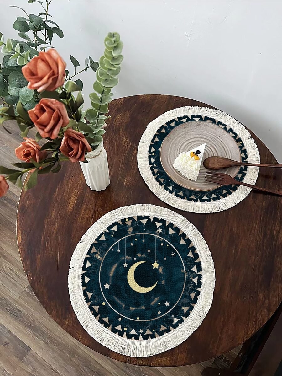 1 pieza Tapete de mesa con patrón de luna y estrella ribete con fleco poliéster redondo para casa