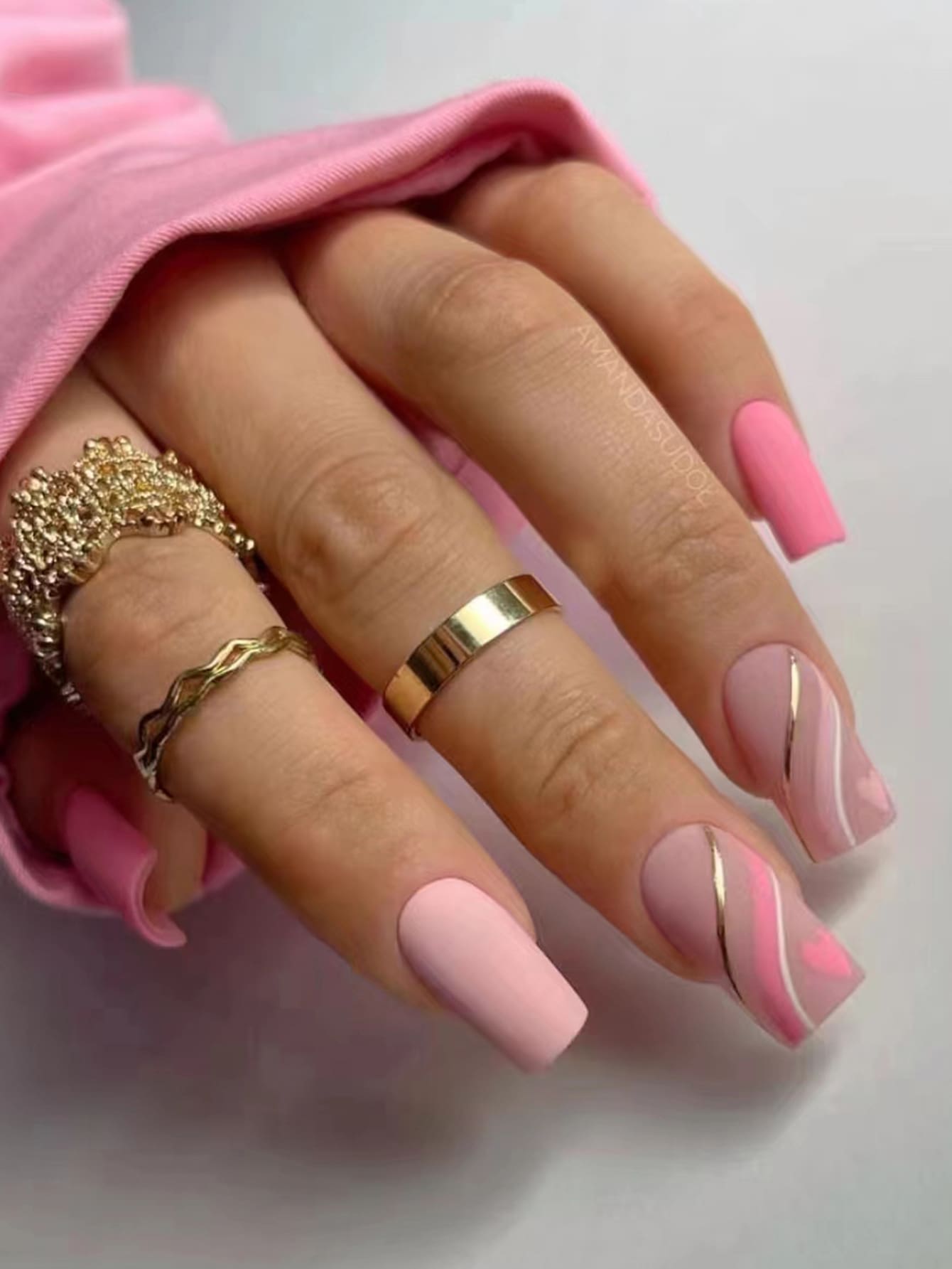 Transform Your Nails with 24pcs Short Square Pink Matte Striped Heart Fake Nail & 1sheet Tape & 1pc Nail File
