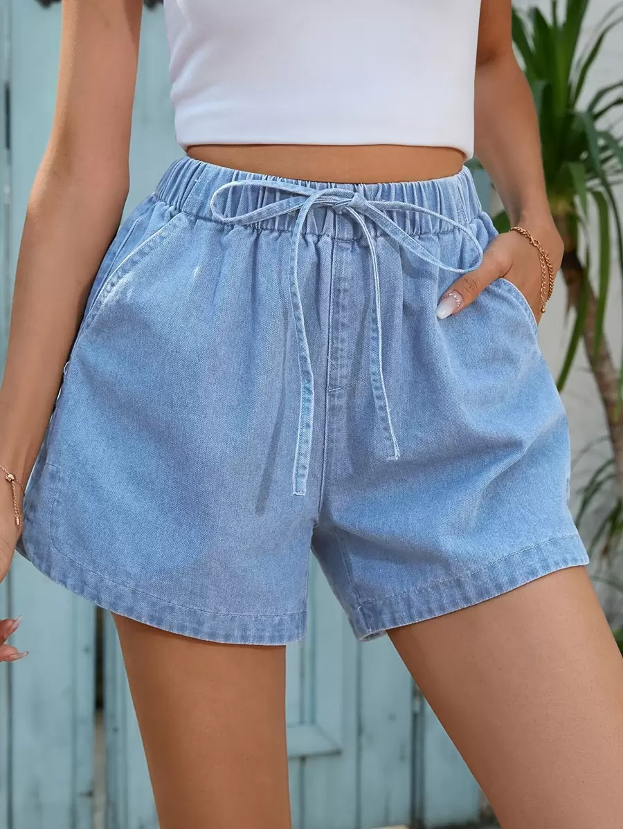 SHEIN LUNE Drawstring Waist Slant Pocket Denim Shorts
