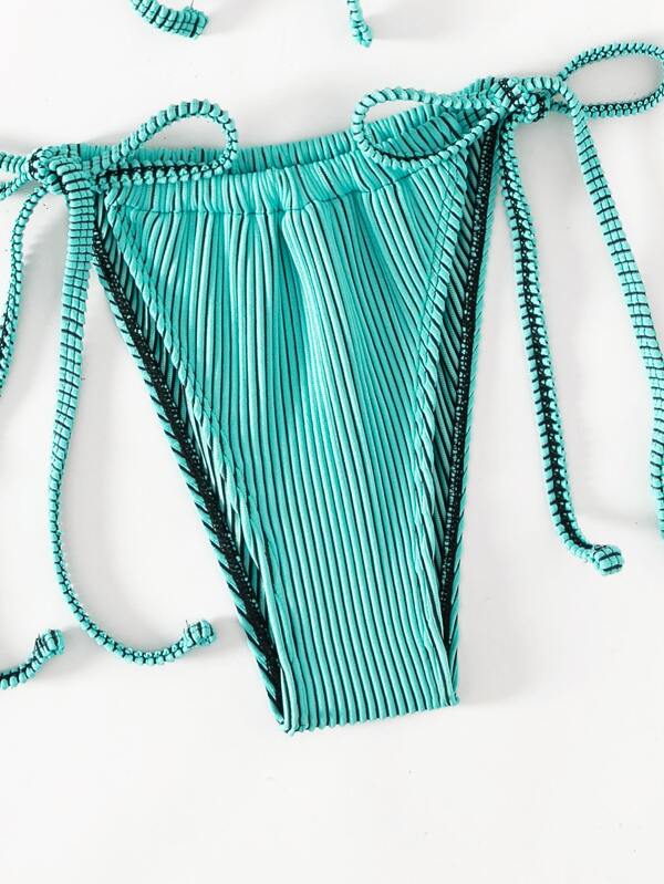 SHEIN Swim Basics Ribbed Bikini Set Triangle Bra Thong Bottom 2 Piece