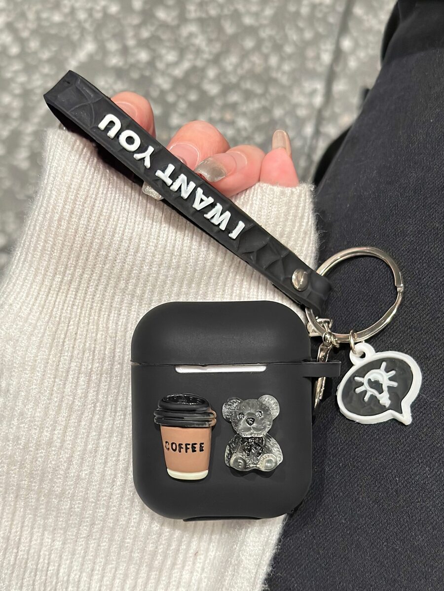 1 Stück Apfel Teddybär Cartoon Bär & Kaffee Dekor Silikon Hülle mit Schlüsselanhänger kompatibel mit AirPods 1/2 und AirPods Pro, abgenutzt