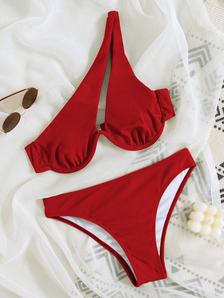 Conjunto De Bikini Acanalado Sujetador Con Aros De Un Hombro Y Parte Inferior De Bikini Con