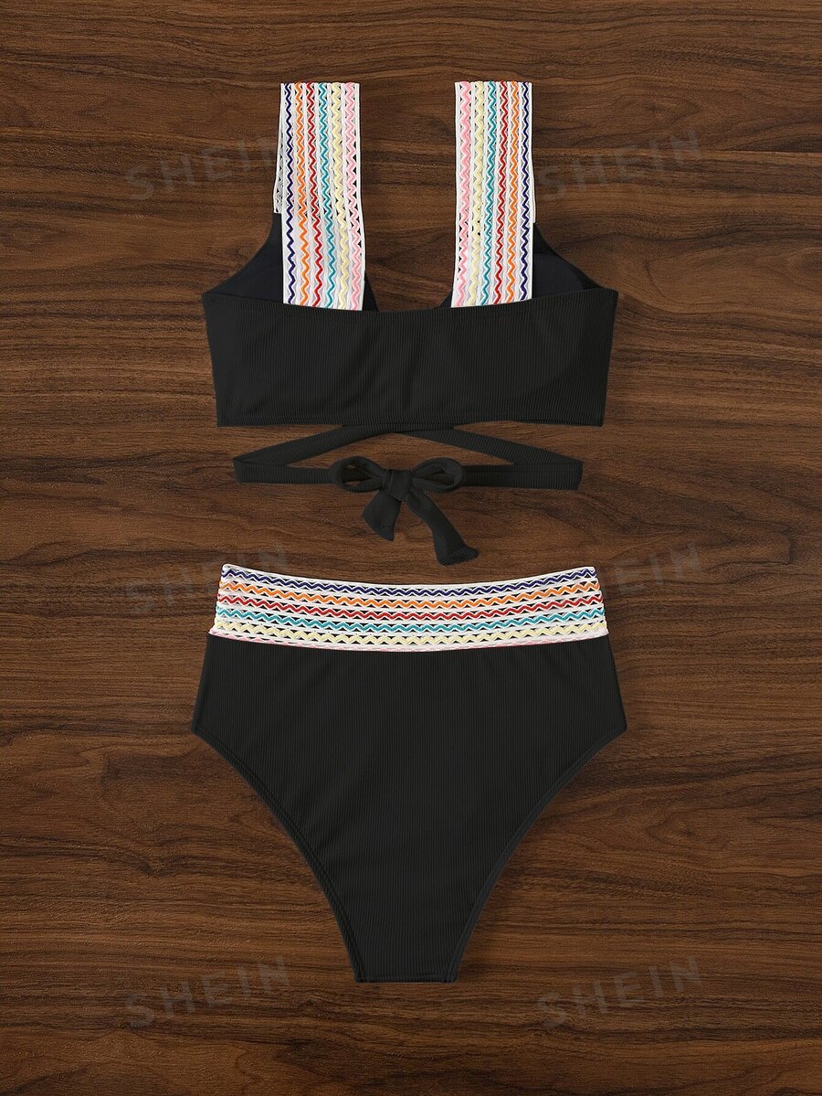 Shein Swim Summer Beach Chevron Pattern Bikini Set Cross Wrap Wireless Bra Top High Waisted