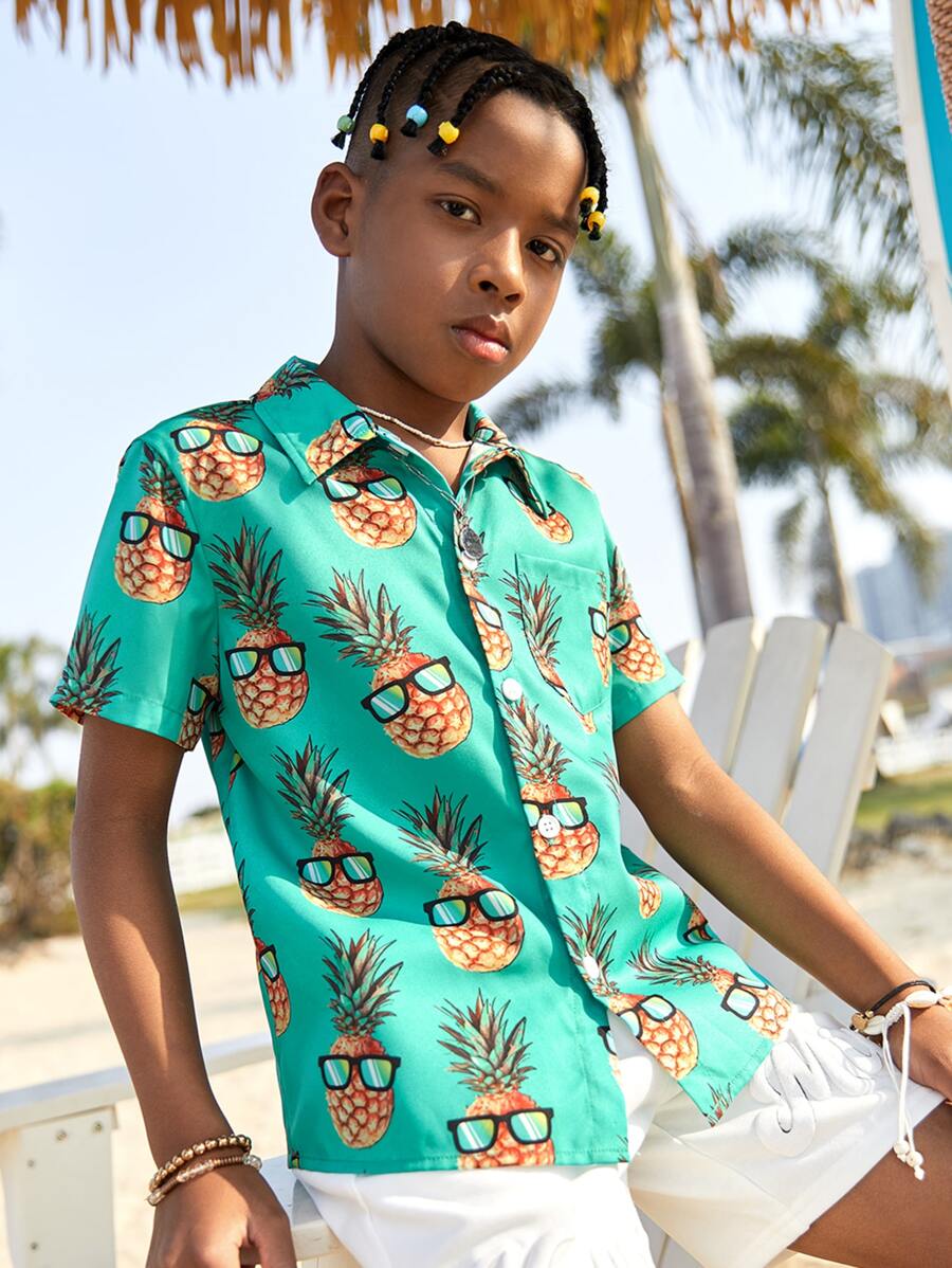 SHEIN SLAYR KIDS SLAYR KIDS Tween Boys Fruit Graphic Loose Woven Vacation Short Sleeve Shirt