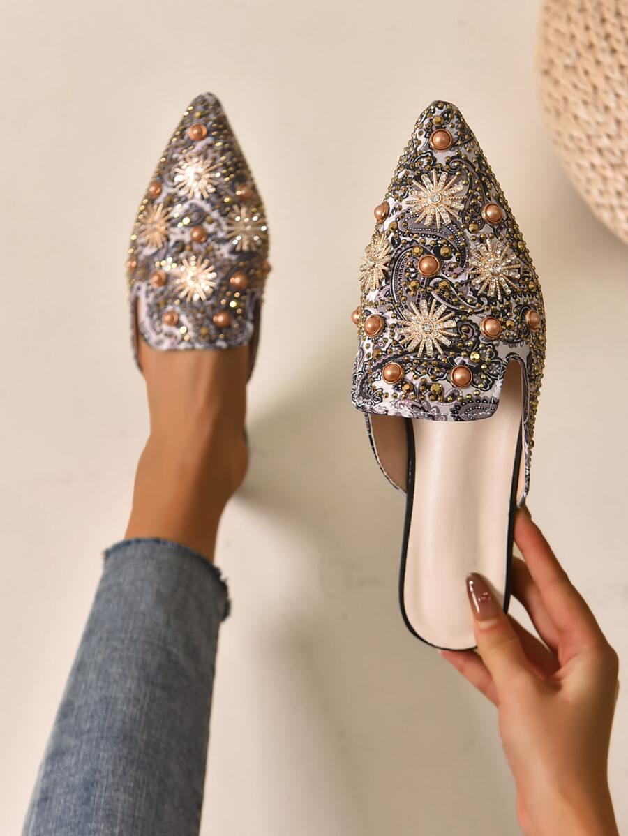Pantofi de damă cu strasuri strălucitoare și perle artificiale cu vârf ascuțit, pantofi cu stras strălucitor cu împânzire, îmbrăcăminte elegantă de nuntă și petrecere, pantofi moderni, versatili, cu toc cu pană