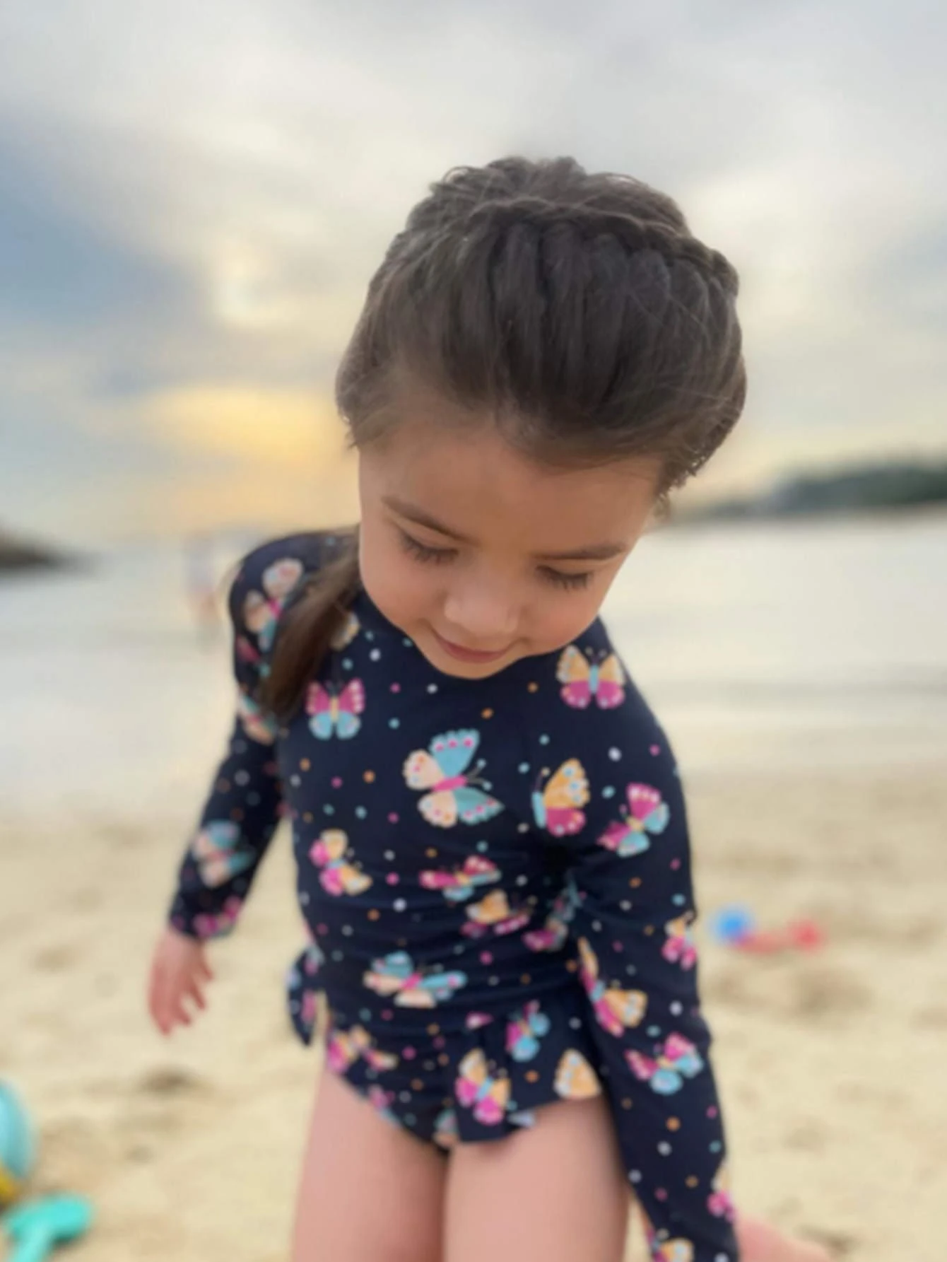 Young Girl Raglan Sleeve Ruffle Trim Butterfly And Dot Print One-Pieces