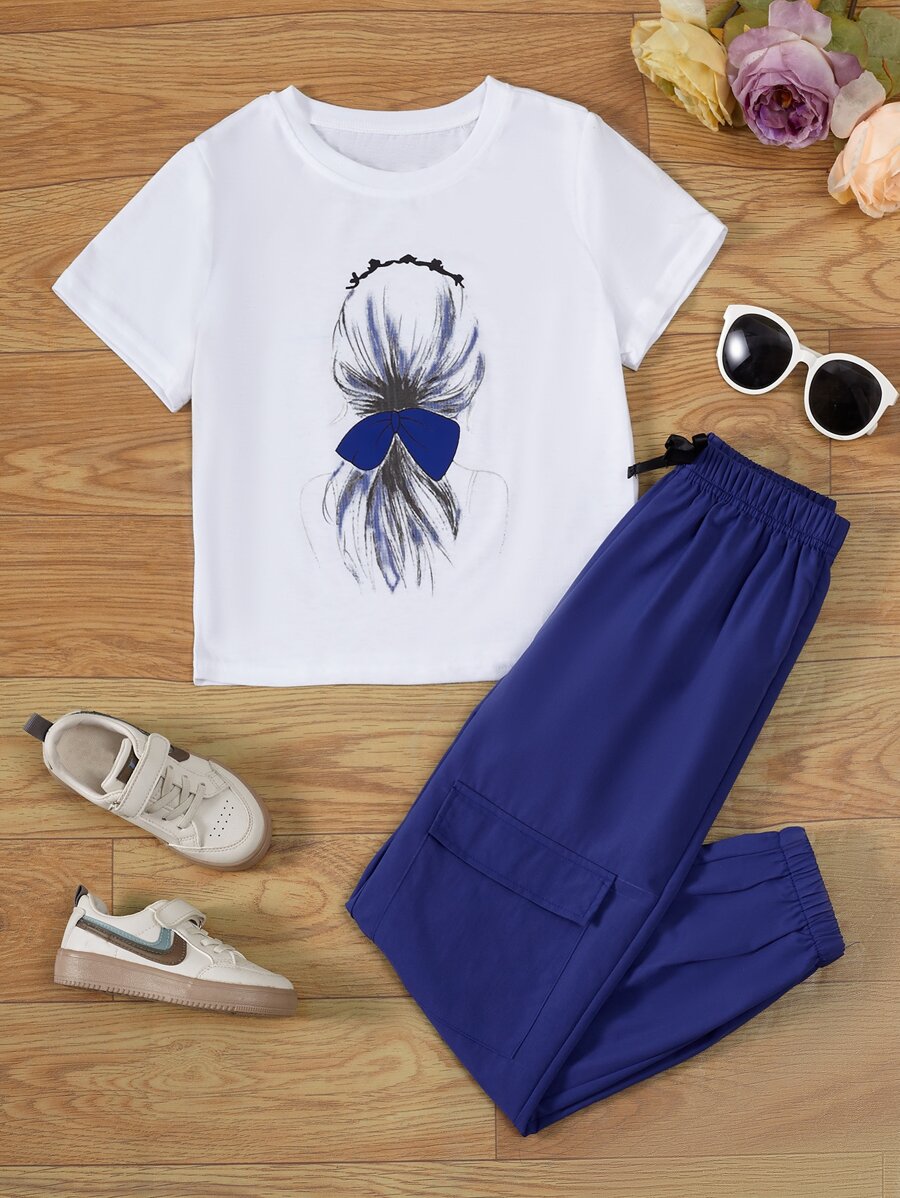 SHEIN Conjunto de camiseta estampada casual para meninas adolescentes com calça cargo para o verão
