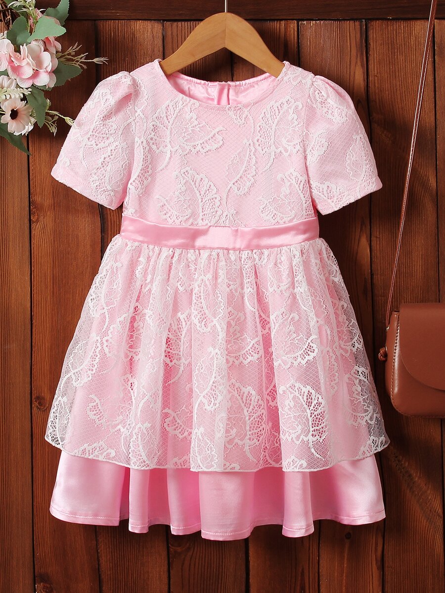 Vestido de fiesta Chicas jovenes con encaje de tira de manga farol de dos capas bajo