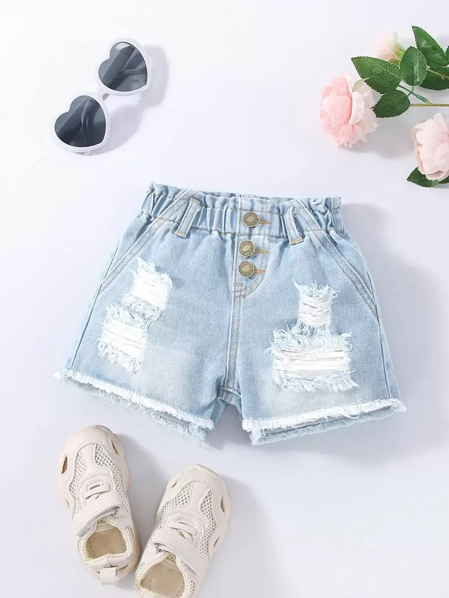 Baby Girl Ripped Raw Cut Ripped Raw Hem Paperbag Waist Denim Shorts