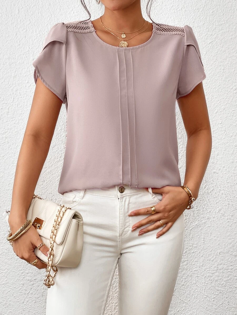 SHEIN Clasi Casual Eenkleurig Blouse Contrast kant Geplooide