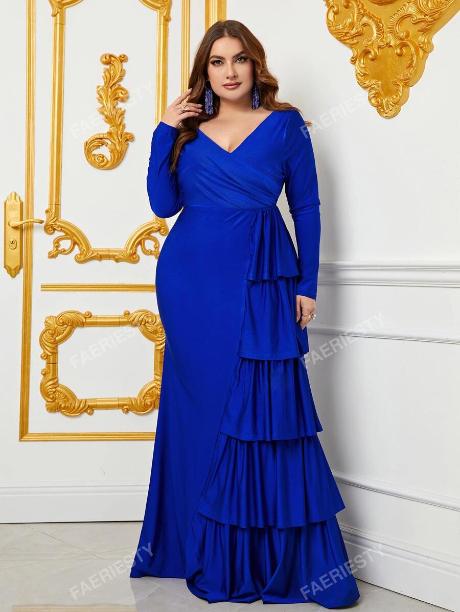 Plus Surplice Neck Draped Ruffle Trim Mermaid Hem Formal Dress