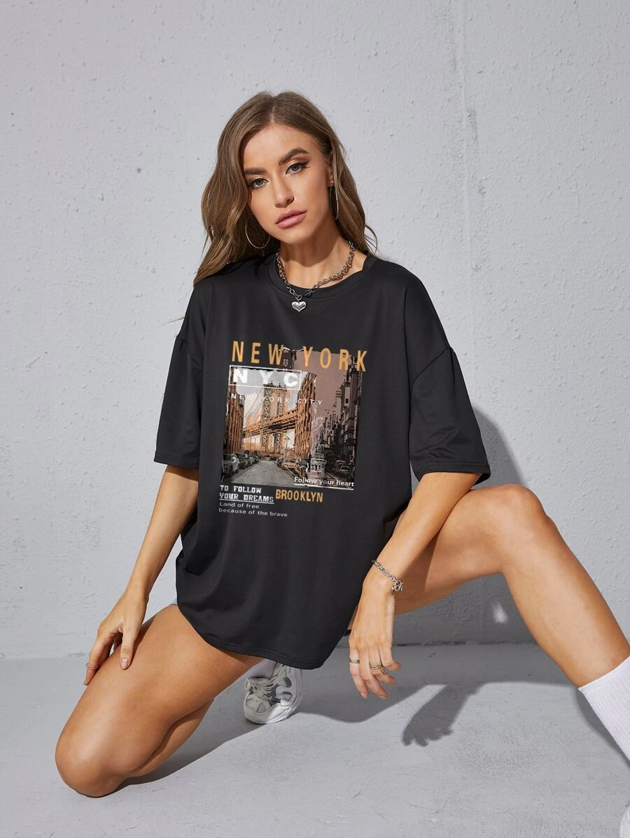 INAWLY Street View And Slogan Graphic Drop Shoulder Oversized Tee NEW YORK TO FOLLOW YOUR DREAMS Land Of Free Follow Your Heart BROOKLYN Because Of The Brave