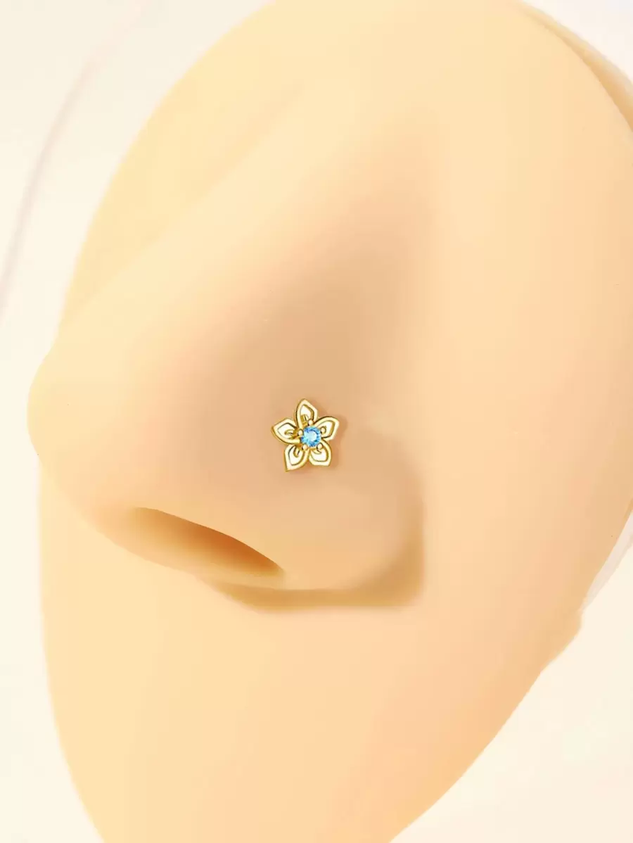 1pc Stainless Steel Shaped Nose Stud/nose Ring With Blue Rhinestone In The Middle Suitable For Women Daily Wear