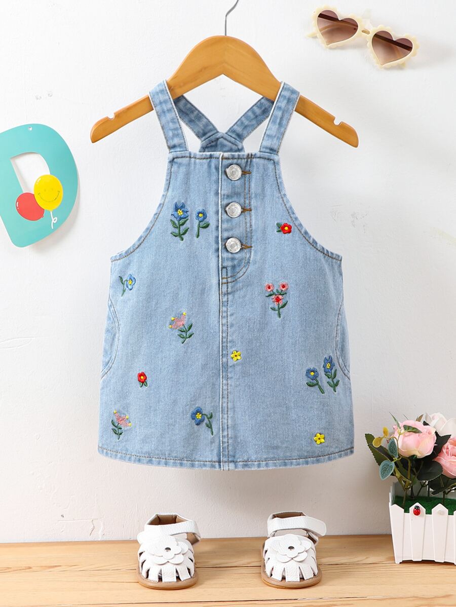 SHEIN Baby Girl Floral Embroidery Button Front Denim Dress
