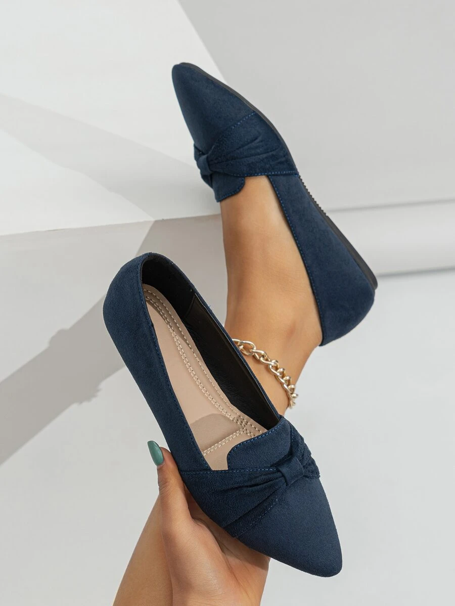 Fashion Blue Loafer Shoes For Women, Ruched Detail Faux Suede Point Toe Flats
