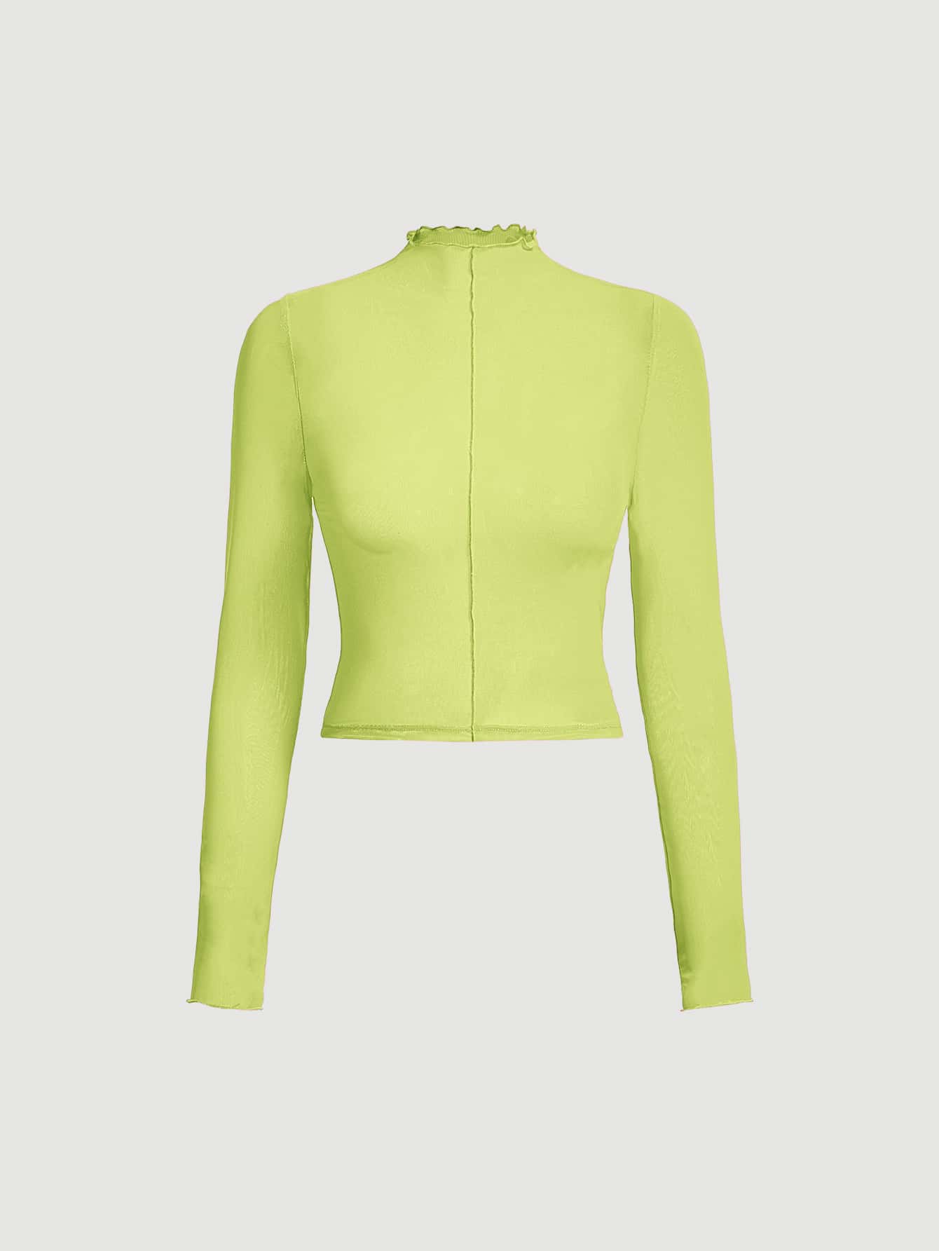 SHEIN MOD Mock Neck Lettuce Trim Tight Stretch Semi-Perspective Mesh Green Top
