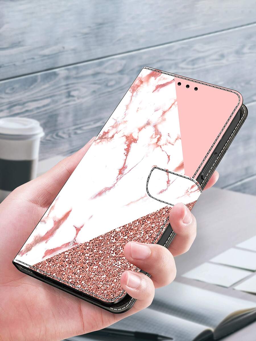 GLANDOTU Simple Credit Card Holder PU Leather TPU Silicone Scratch Resistant Slot Wallet Case Compatible With Samsung Galaxy And Other Mobile Phone Models - Triangle Marble Texture Compatible With IPhone15/15Plus/15Pro/15Promax