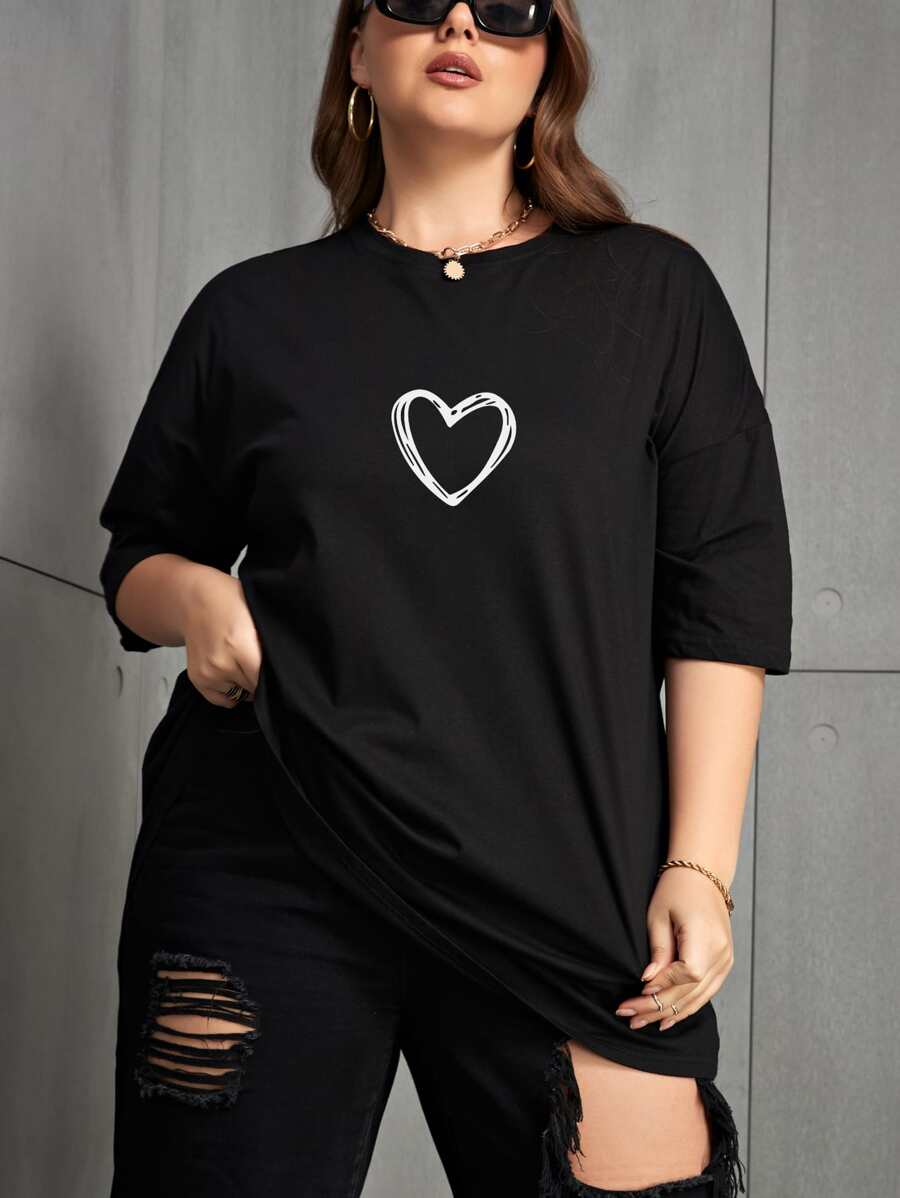 INAWLY Plus Heart Print Drop Shoulder Graphic Tee, Women Top, Summer
