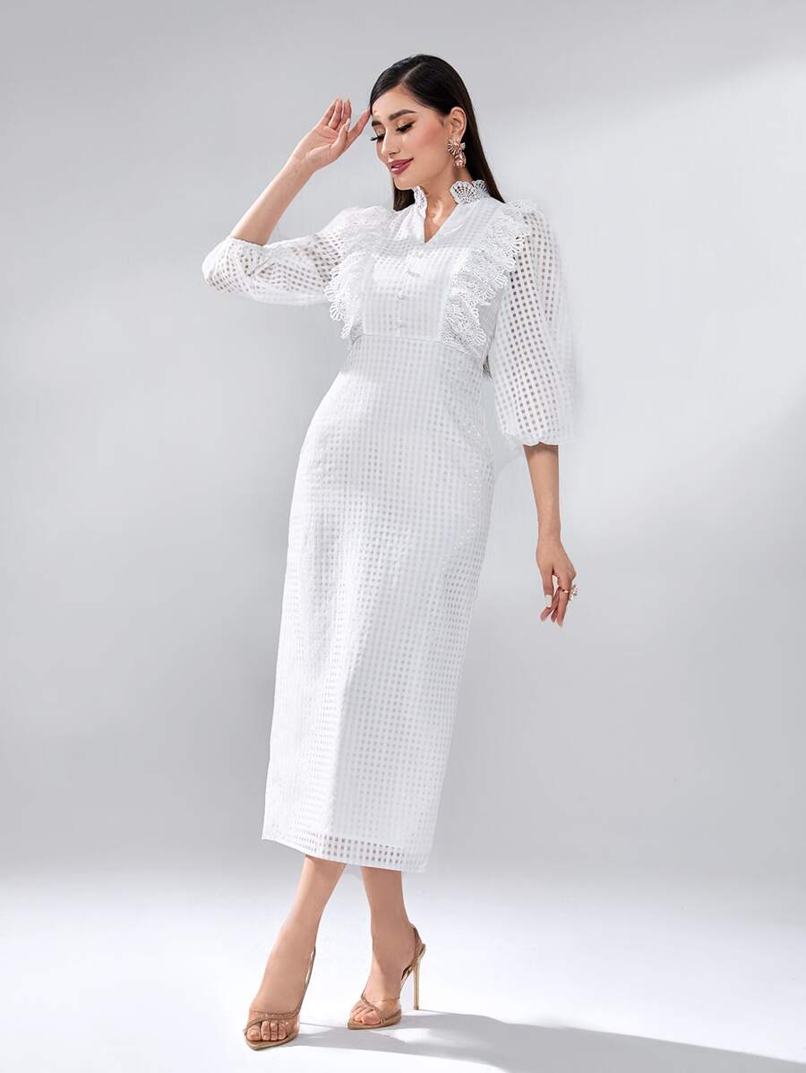 Modelyn Lantern Sleeve Ruffle Trim Split Back Dress