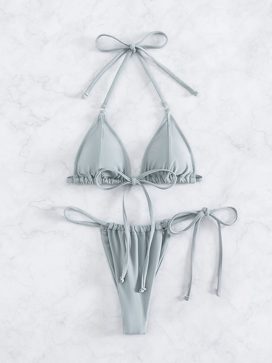 SHEIN Swim Ensemble De Bikini Triangle Dos Nu Avec Nœud Et Détail De Plage D'été
