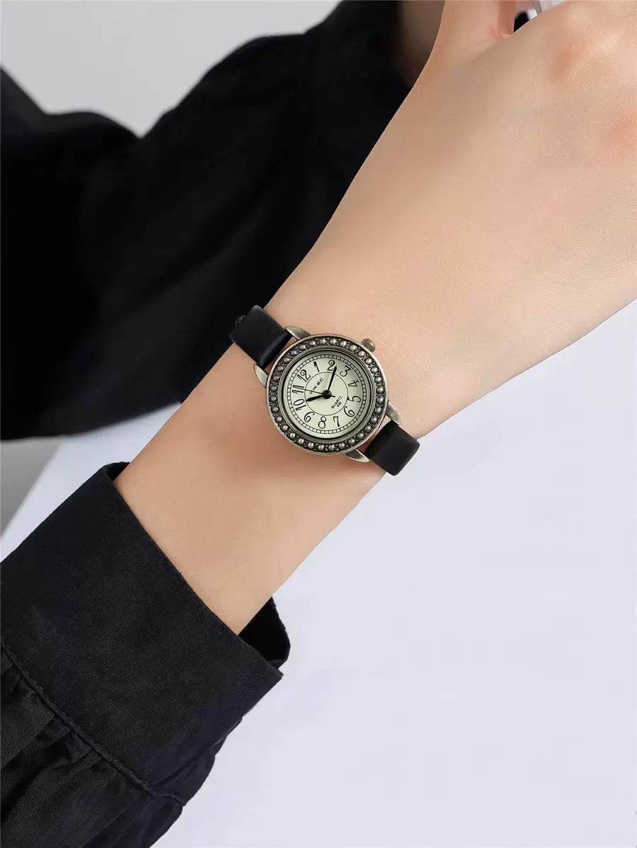 VIKEC 1pc Black PU Polyurethane Strap Fashion Arabic Numeral Scale Round Dial Quartz Watch, For Daily Life