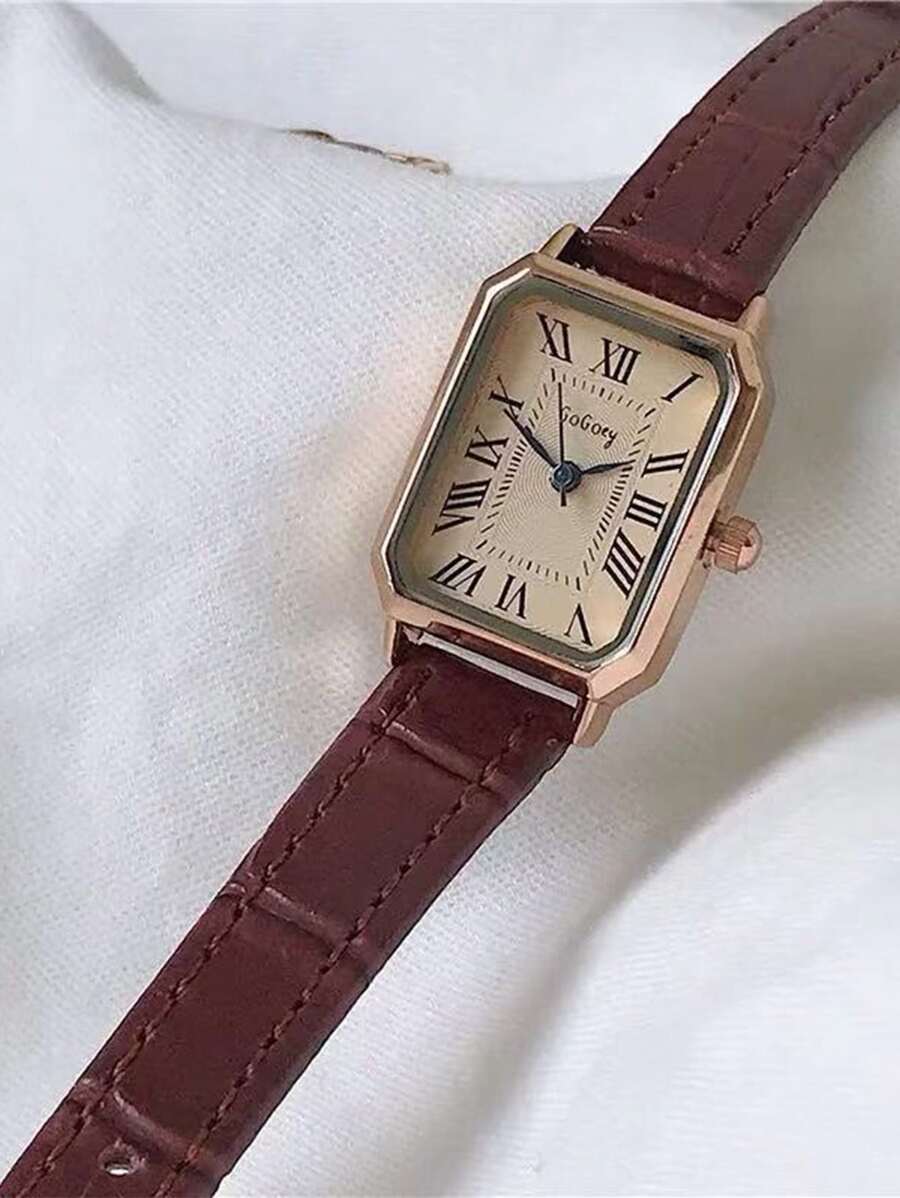 1pc Minimalist Women's Rectangular Roman Numeral Dial Fashion Bamboo Strap Watch, Suitable For Daily Outfit, Birthday, Anniversary Gifts