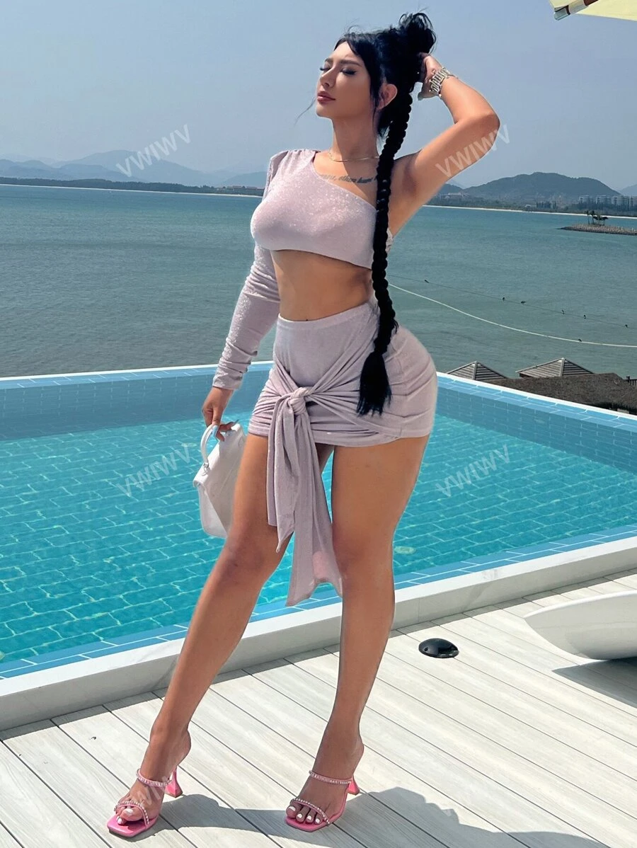 One Shoulder Crop Top & Knot Front Skirt