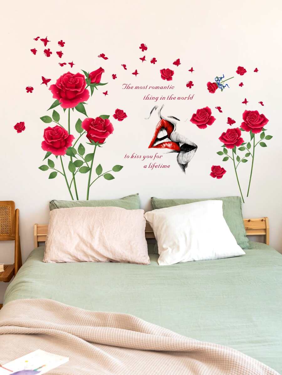 1 pièce Autocollant mural en PVC, décoration murale créative avec motif rose et papillon pour la maison, autocollants, décoration murale, décalque en vinyle pour les décorations de la maison, articles de décoration printanière pour rafraîchir votre maison, autocollants de décoration Rama