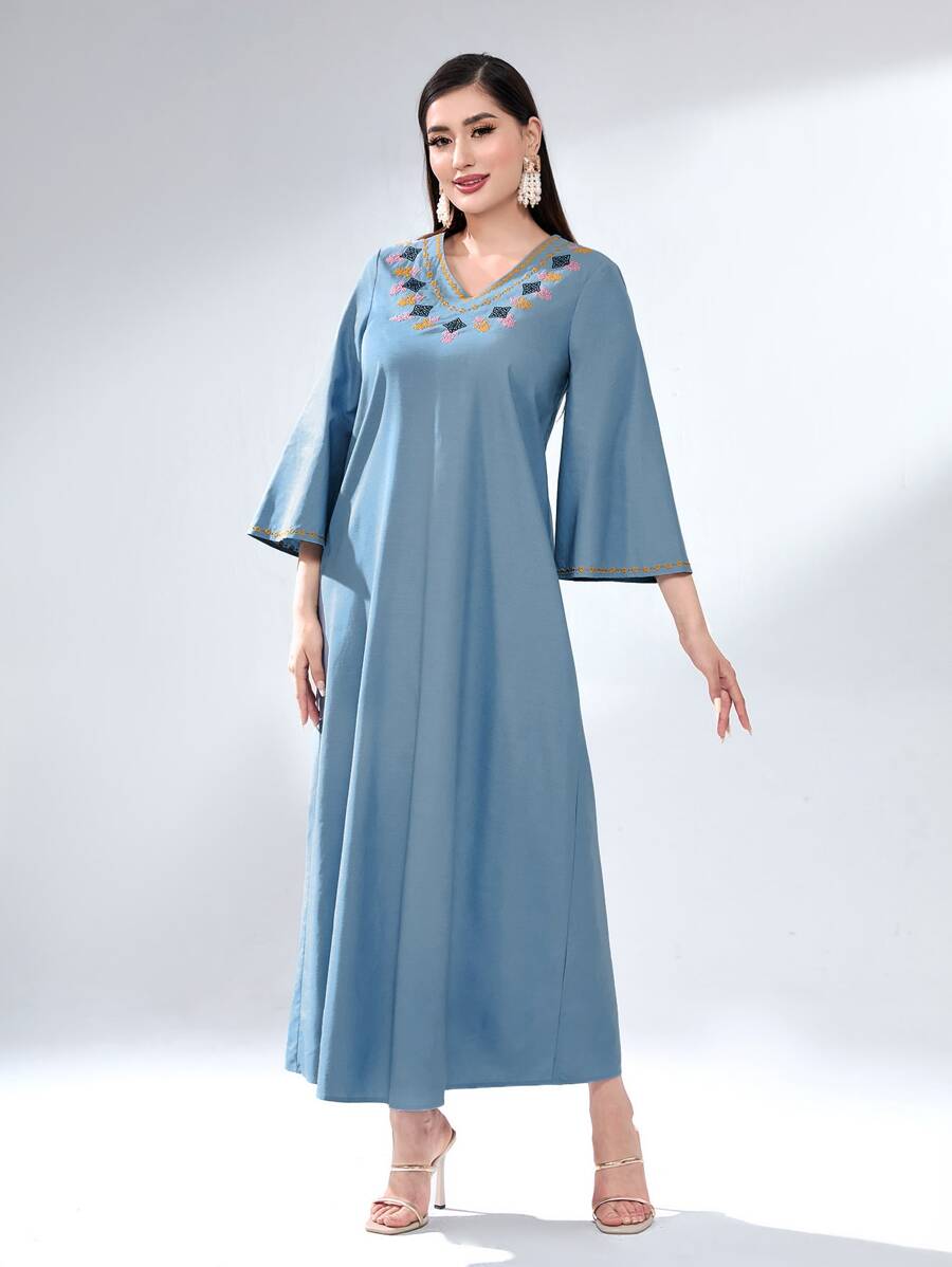 Modelyn Floral Embroidery Flounce Sleeve Tunic Dress