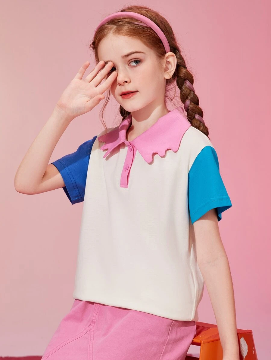 Mädchen T-Shirt mit Farbblock, Polo Kragen