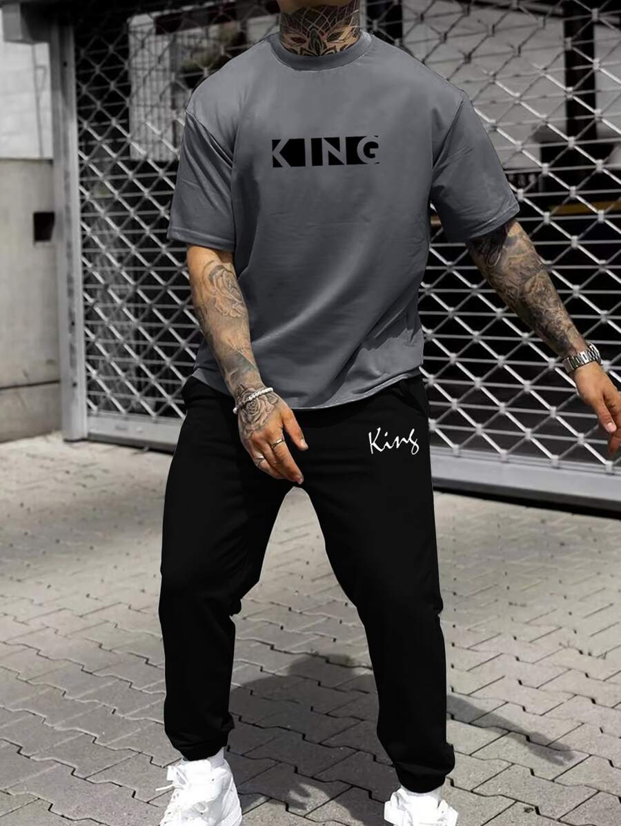 Manfinity Homme Hombres Camiseta con estampado de letra & Pantalones deportivos de cintura con cordón