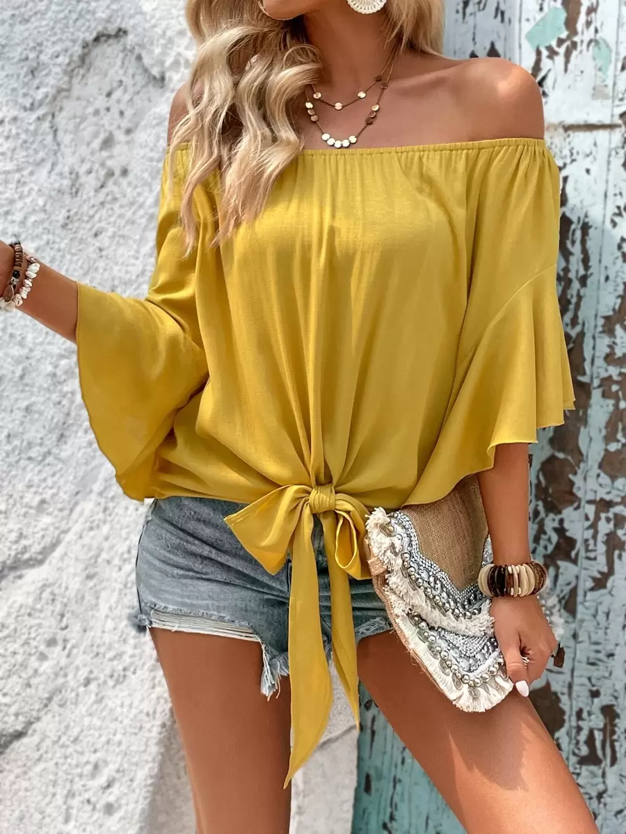 Breezaya Blouse Col Bardot Manches Évasées À Nœud