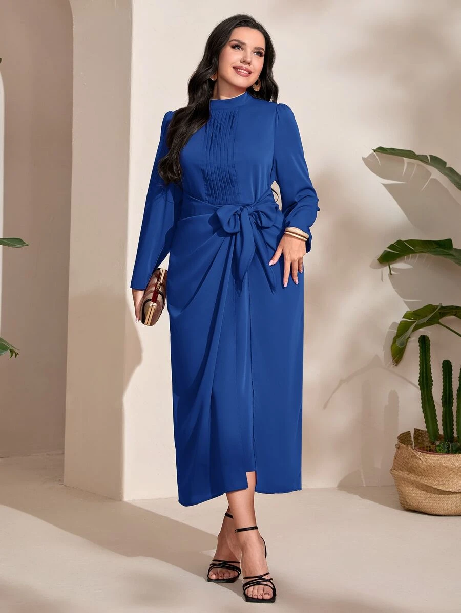 Modelyn Plus Mock Neck Knot Front Wrap Hem Dress